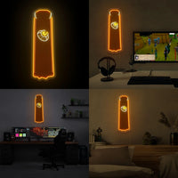 A collage featuring the RS3 Dungeoneering Cape LED neon sign (type "t") in four different room settings. This LED neon sign, depicting the Dungeoneering cape from RS3, enhances any gaming environment with its vibrant glow.