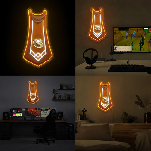 RS3 Dungeoneering Cape LED neon sign (master cape) showcased proudly. This LED neon sign, featuring the Dungeoneering cape from RS3, adds a touch of gaming nostalgia to any space.