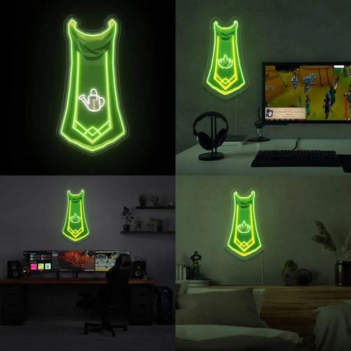 The RS3 Farming Cape LED neon sign (master cape) displayed on its own. Illuminate your gaming space with this LED neon sign, featuring the Farming cape from RS3, perfect for RuneScape fans seeking unique decor pieces that reflect their passion for the game.