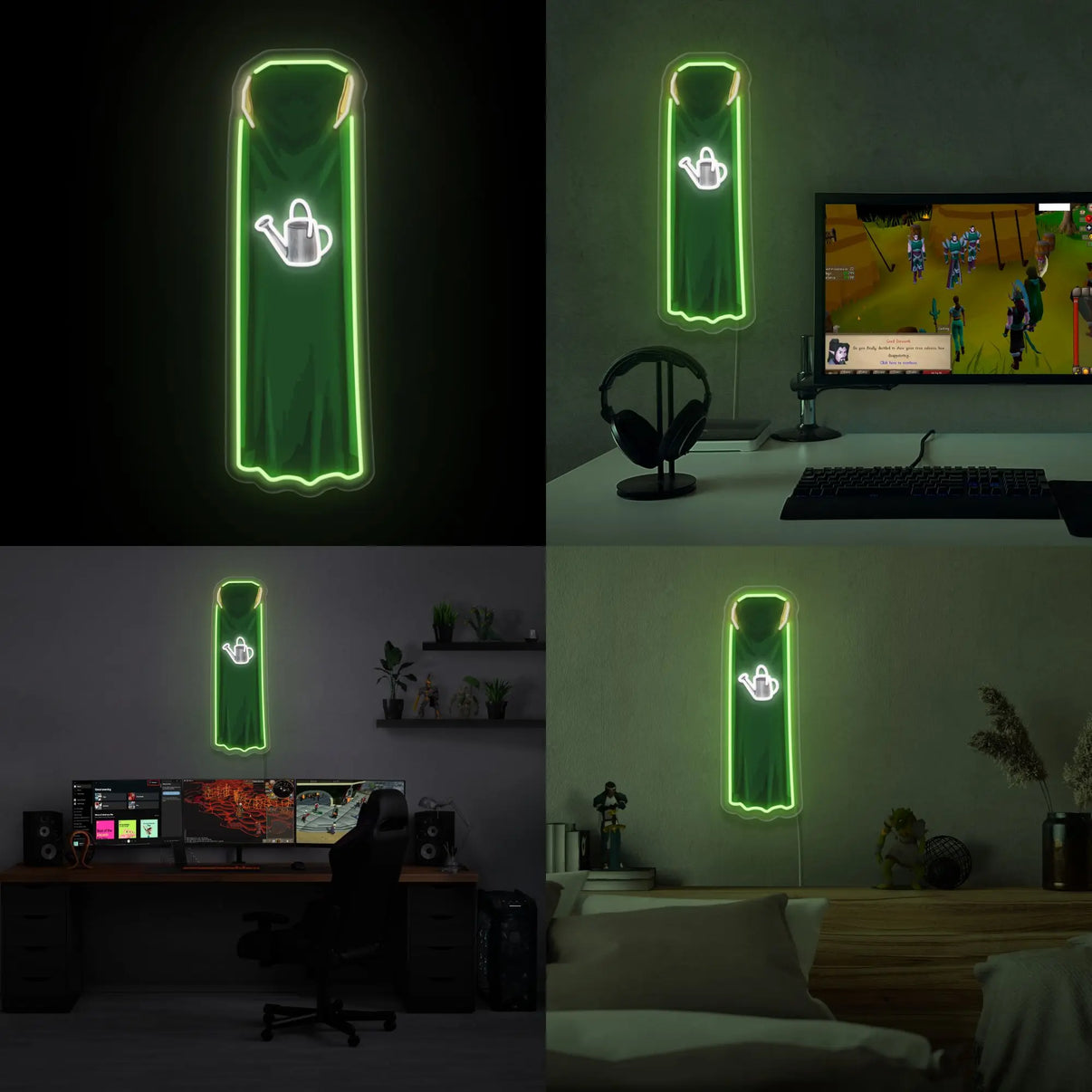 A collage featuring the RS3 Farming Cape LED neon sign (type "t") in four different room settings. This LED neon sign, depicting the Farming cape from RS3, enhances any gaming environment with its vibrant glow.