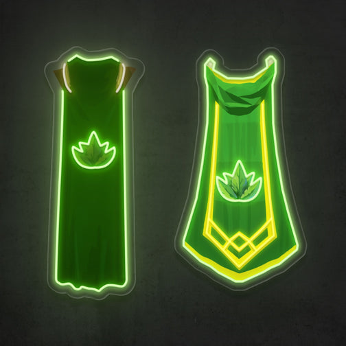 Display of both types of RS3 Herblore Cape LED neon signs (type 