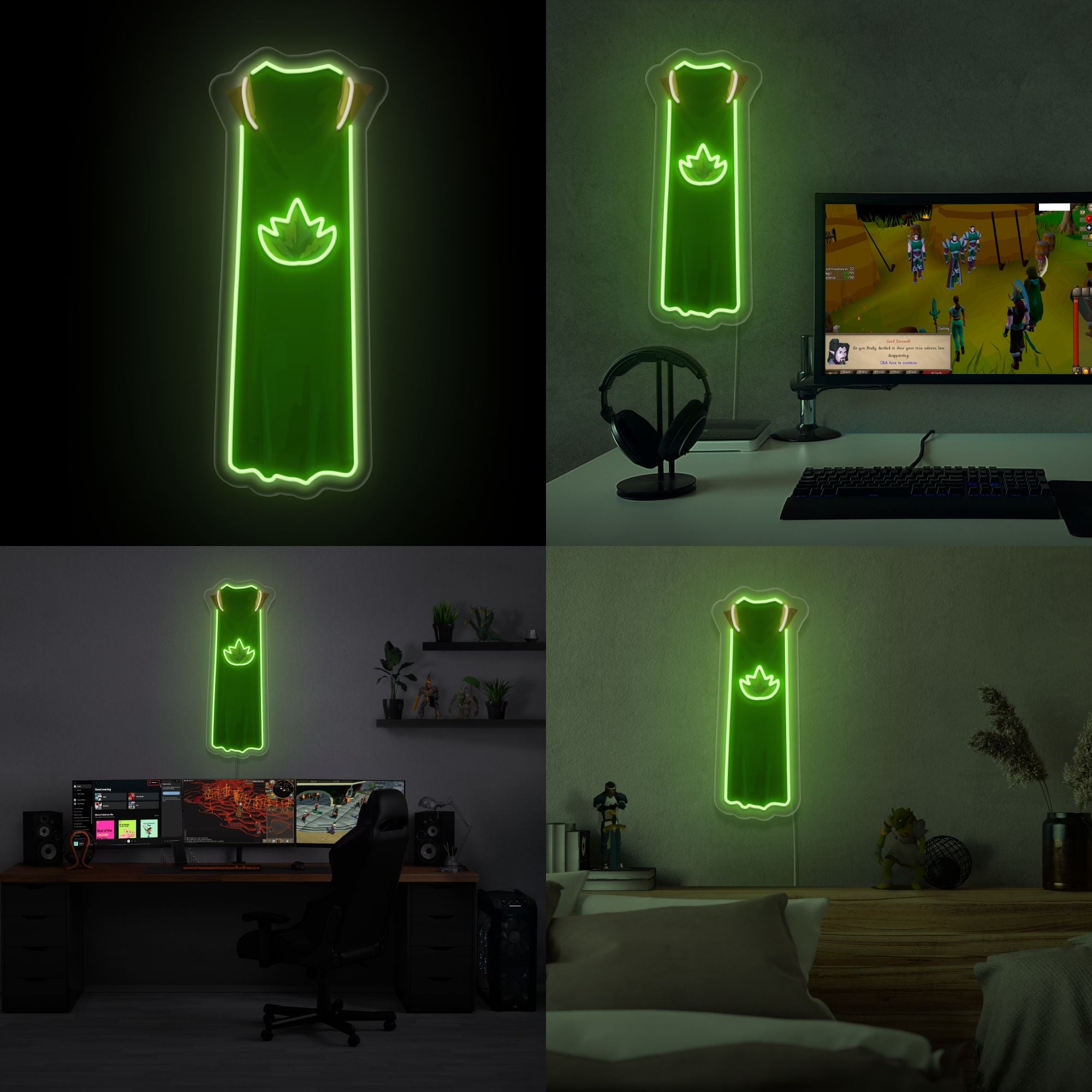 A collage featuring the RS3 Herblore Cape LED neon sign (type 