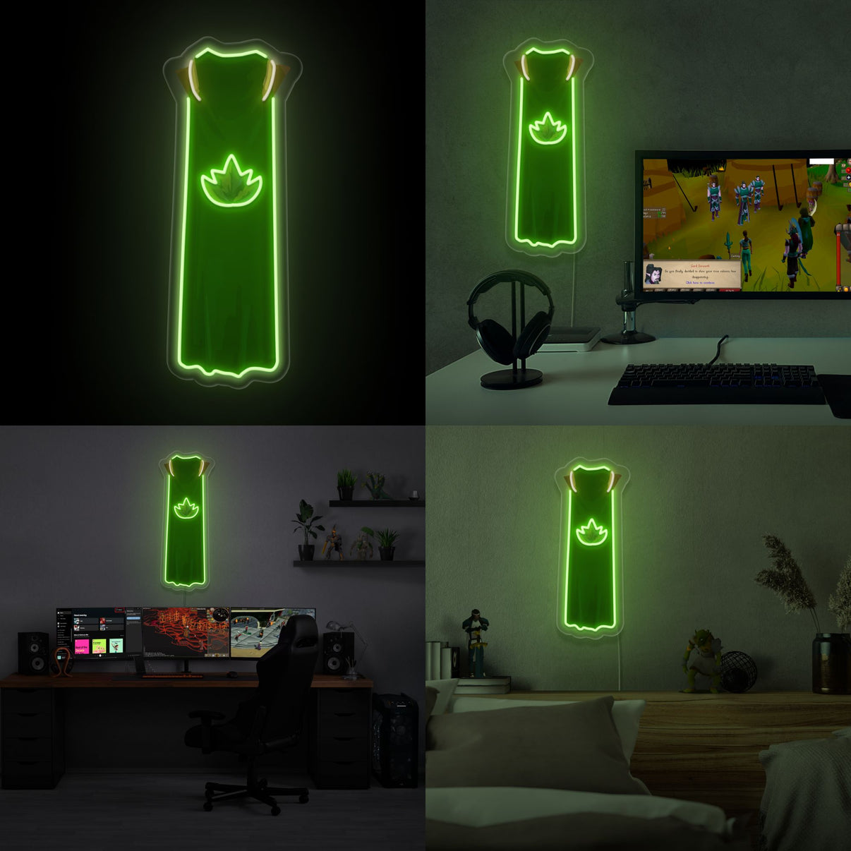 A collage featuring the RS3 Herblore Cape LED neon sign (type "t") in four different room settings. This LED neon sign, depicting the Herblore cape from RS3, enhances any gaming environment with its vibrant glow.