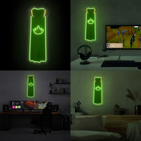 A collage featuring the RS3 Herblore Cape LED neon sign (type "t") in four different room settings. This LED neon sign, depicting the Herblore cape from RS3, enhances any gaming environment with its vibrant glow.