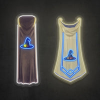 Display of both types of RS3 Magic Cape LED neon signs (type "t" and master cape). These LED neon signs, featuring the Magic cape from RS3, are perfect for RuneScape enthusiasts aiming to enhance their gaming space with nostalgic decor pieces.
