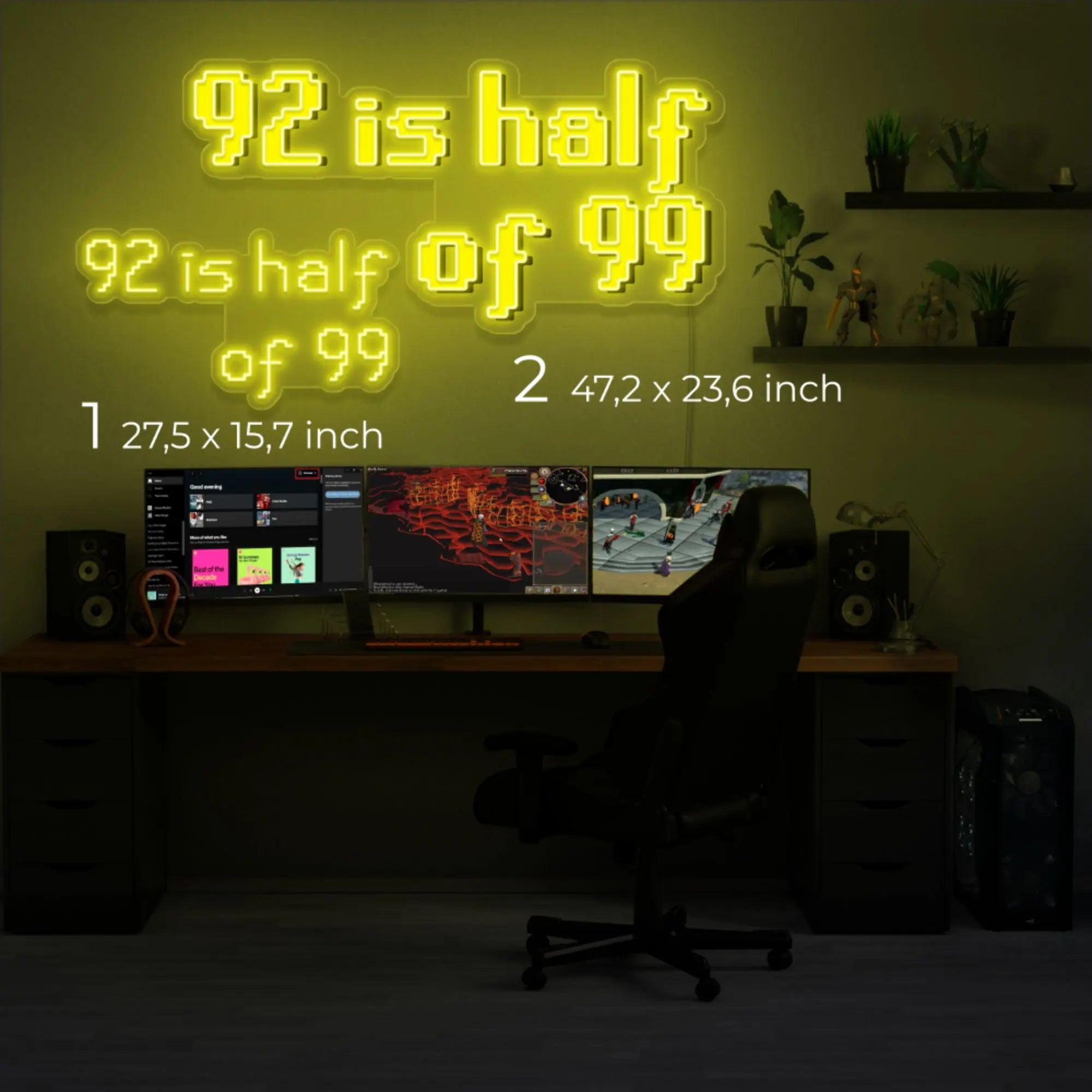 This image provides a size guide for the Runescape 92 is Half of 99 Custom LED neon sign, ensuring you select the perfect size for your gaming space. The size guide helps you visualize the dimensions of the LED neon sign, ensuring it fits seamlessly into your room.