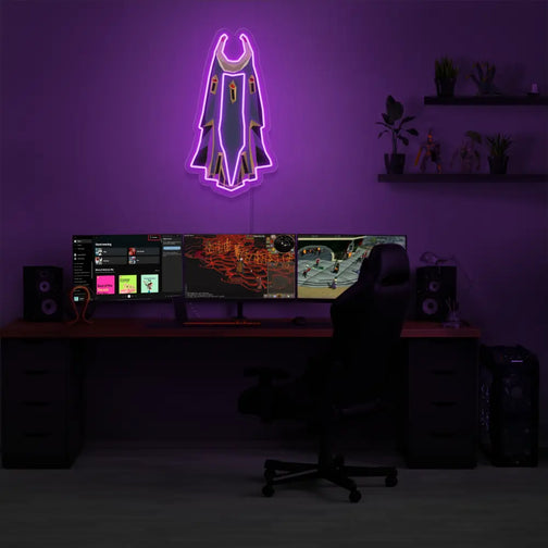 Enhance your gaming environment with the Runescape Ardougne Max Cape LED neon sign mounted above a gaming PC. This LED neon sign, featuring the prestigious Ardougne Max Cape, adds an element of prestige and accomplishment to your gaming setup.
