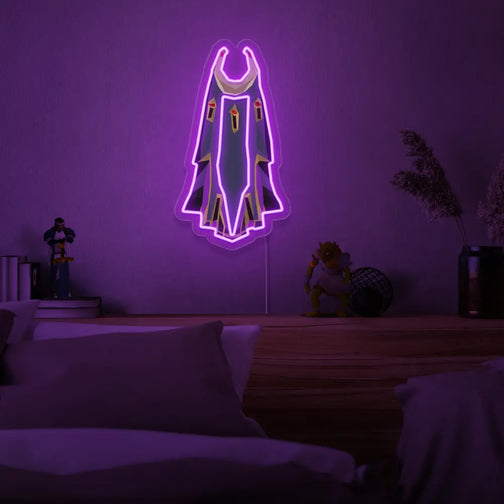 Illuminate your bedroom with the Runescape Ardougne Max Cape LED neon sign mounted above a sleeping bed. This LED neon sign, featuring the prestigious Ardougne Max Cape, adds a touch of gaming accomplishment and inspiration to your resting space.