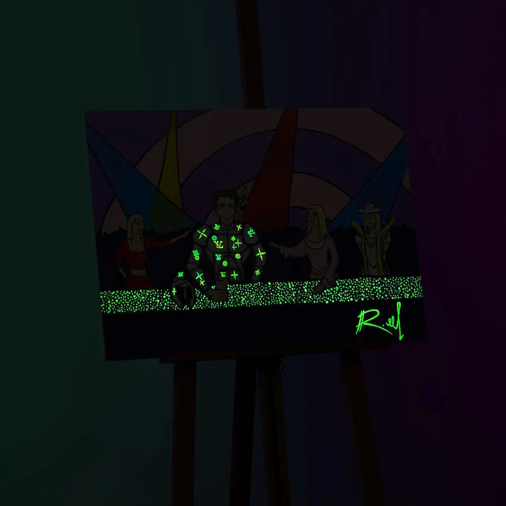 A night-time version of the Gucci Club from RuneScape, on canvas with glowing elements that illuminate the darker parts of the artwork, creating an atmospheric effect.