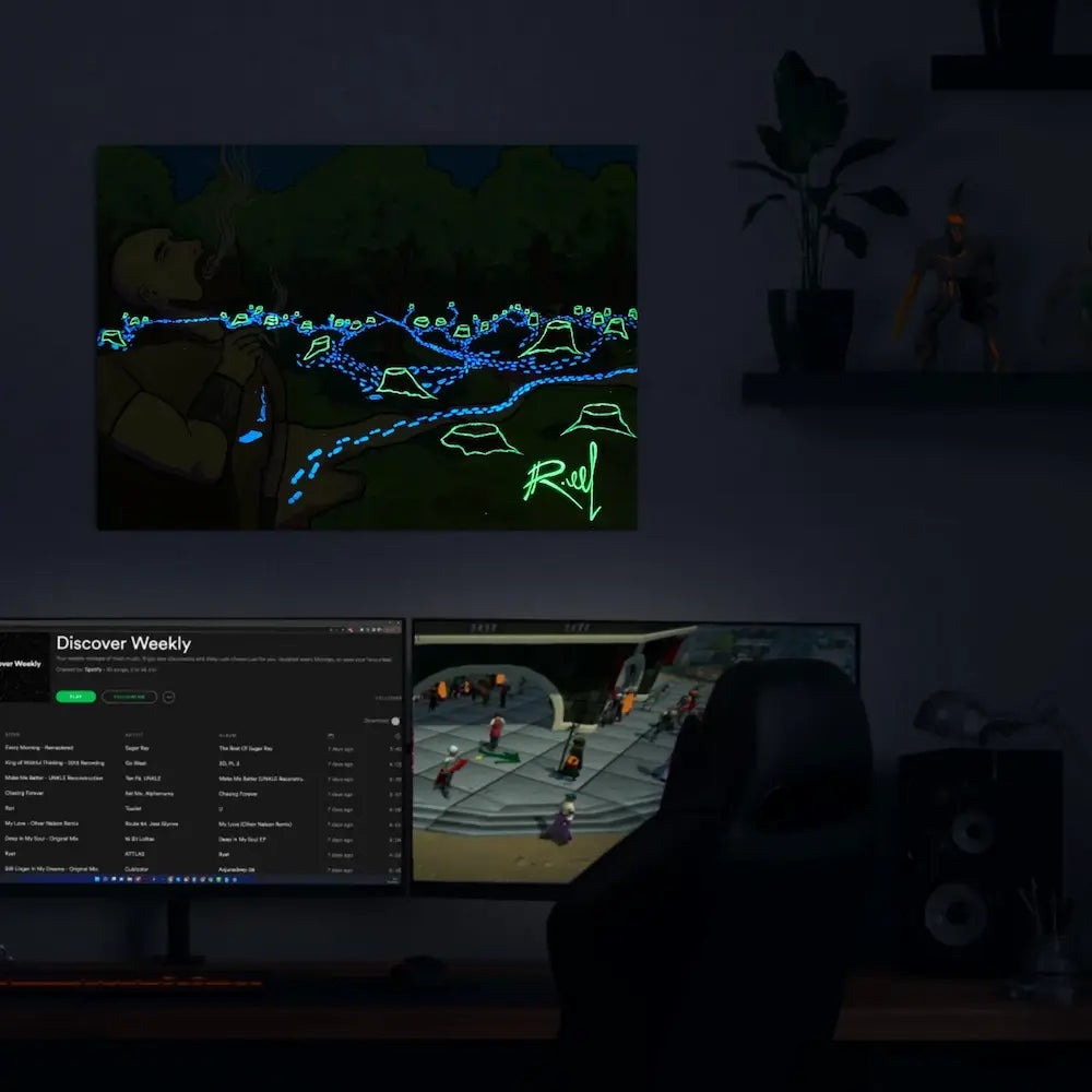 Nighttime Forest Cutter art displayed over a gaming PC, featuring glowing elements on canvas that capture the essence of RuneScape's darkened world with added night-time effects.