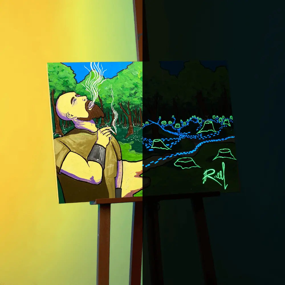 A split 50/50 day/night depiction of the Forest Cutter scene from RuneScape, painted on canvas with glow-in-the-dark elements highlighting the contrasting light and dark scenes.