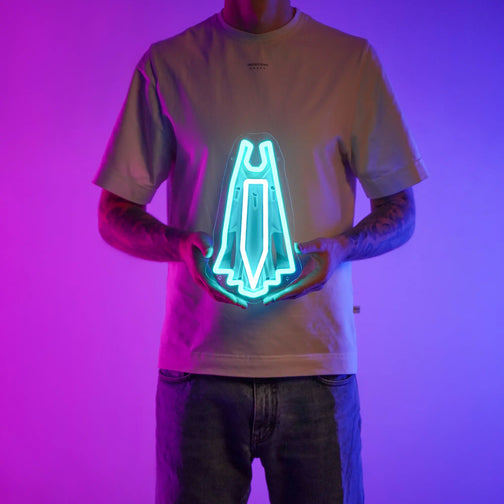 Man proudly holding a Runescape Assembler Max Cape LED Neon sign, showcasing its vibrant design. This makes an ideal gift for Old School Runescape (OSRS) fans who love gaming memorabilia.