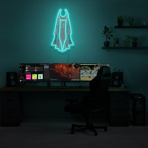 Runescape Assembler Max Cape LED Neon sign displayed prominently above a gaming setup, adding a striking visual. An exceptional gift for Old School Runescape (OSRS) enthusiasts who love to showcase their passion.