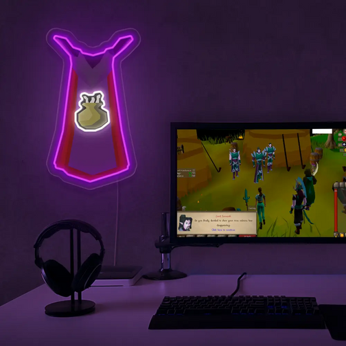 The Runescape Cooking Cape LED neon sign is placed next to a gaming PC, showcasing the iconic cooking pot symbol from the game. This LED neon sign adds a nostalgic flair to your gaming environment, evoking memories of culinary adventures in RuneScape.