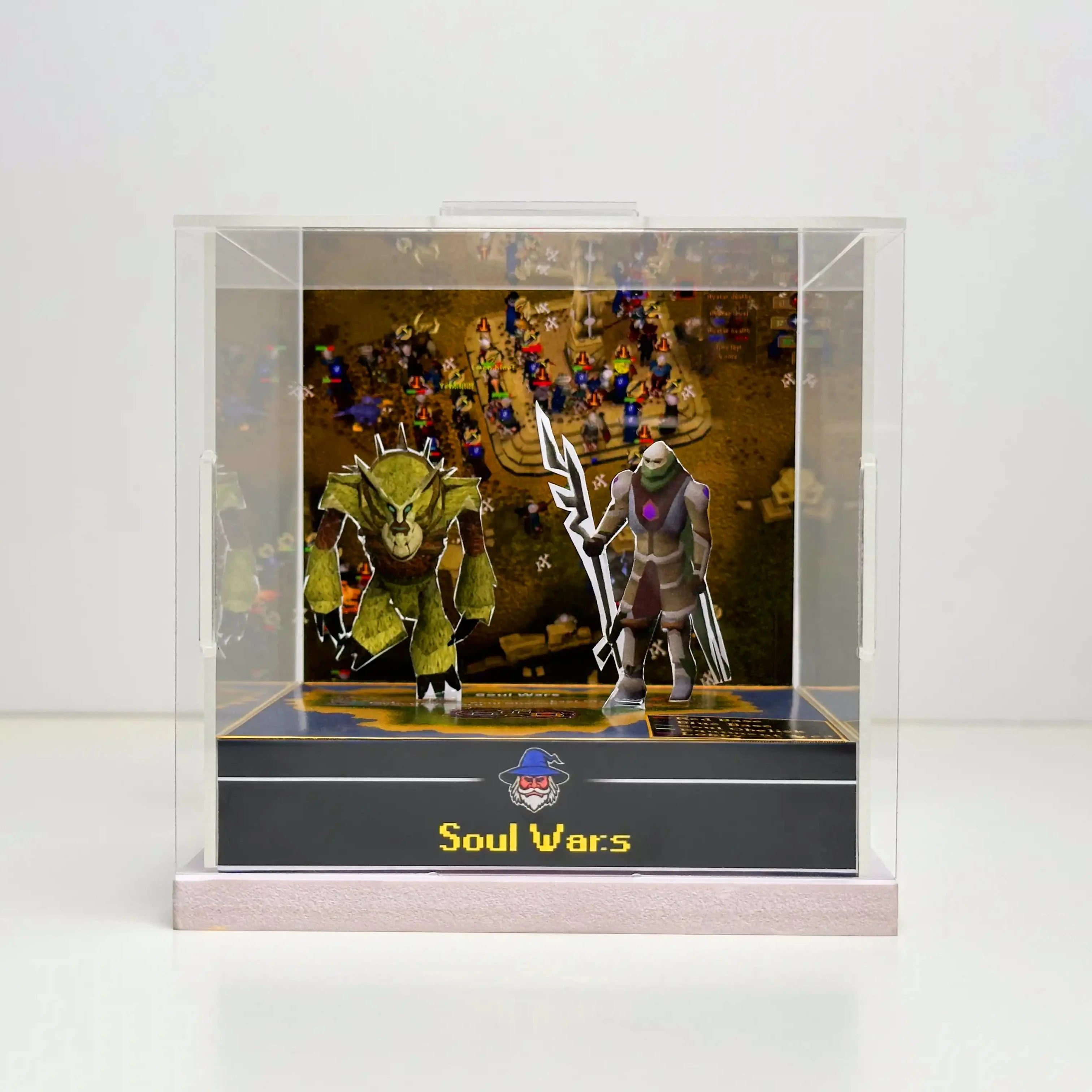 Front view of the RuneScape Soul Wars diorama, featuring two adventurers engaged in a fierce battle within the iconic battleground.