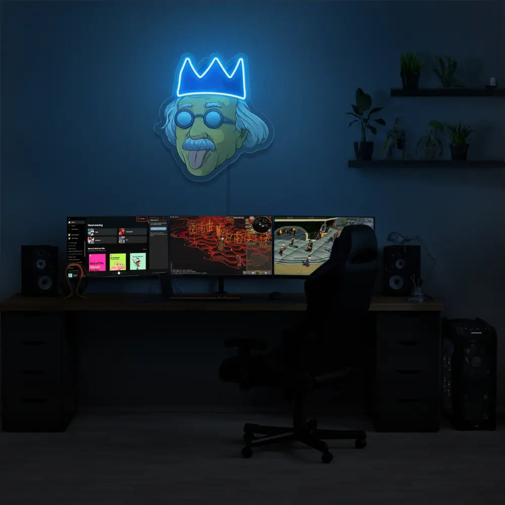 Illuminate your gaming setup with the Runescape Einstein LED neon sign mounted above a gaming PC. The iconic Einstein portrait with a Runescape theme adds a touch of intellectual inspiration to your gaming environment, making it a unique addition to your setup. 