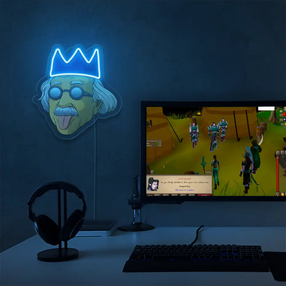 Position the Runescape Einstein LED neon sign next to your gaming PC for a dose of intellectual charm. Featuring the iconic Einstein portrait with a Runescape theme, this LED neon sign sparks creativity and curiosity, making it an ideal addition to your gaming setup. 