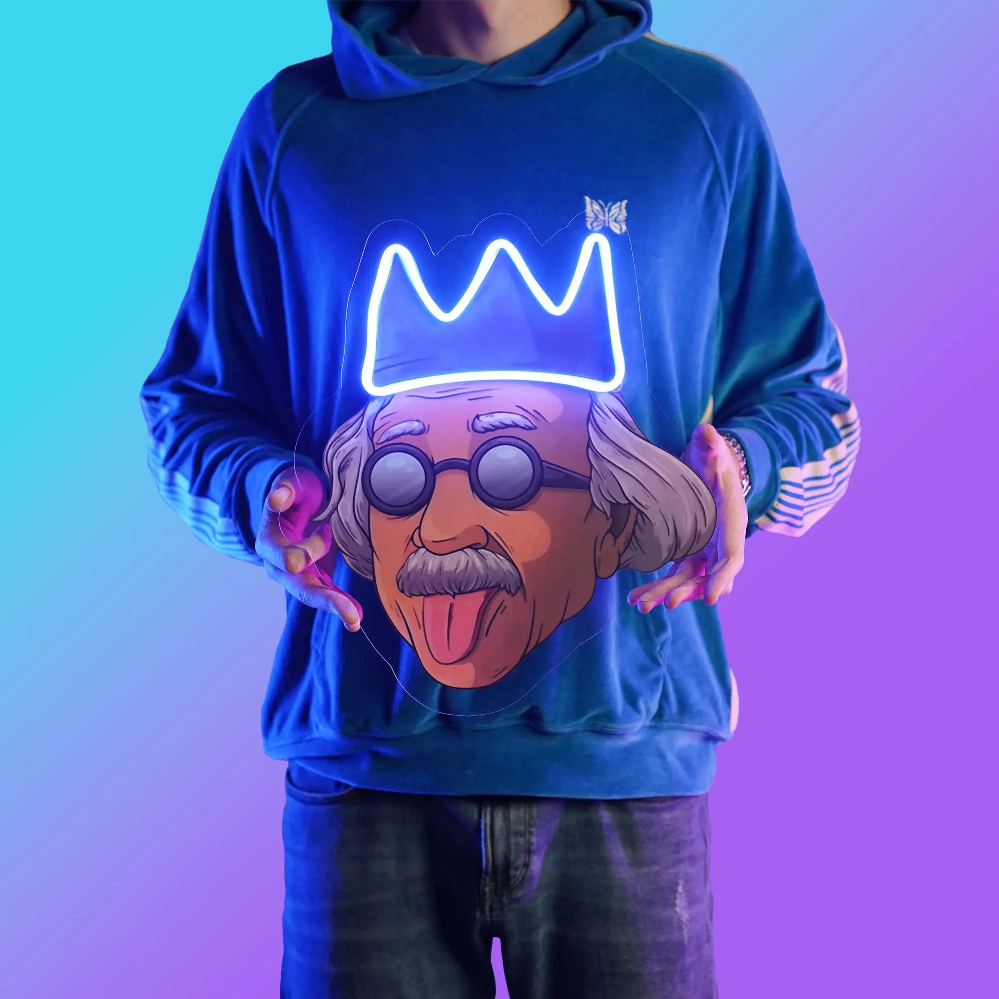 A person proudly displays the Runescape Einstein LED neon sign, featuring the iconic Einstein portrait with a Runescape twist. This LED neon sign adds a touch of intellectual charm to any space, making it a unique gift for Runescape enthusiasts.