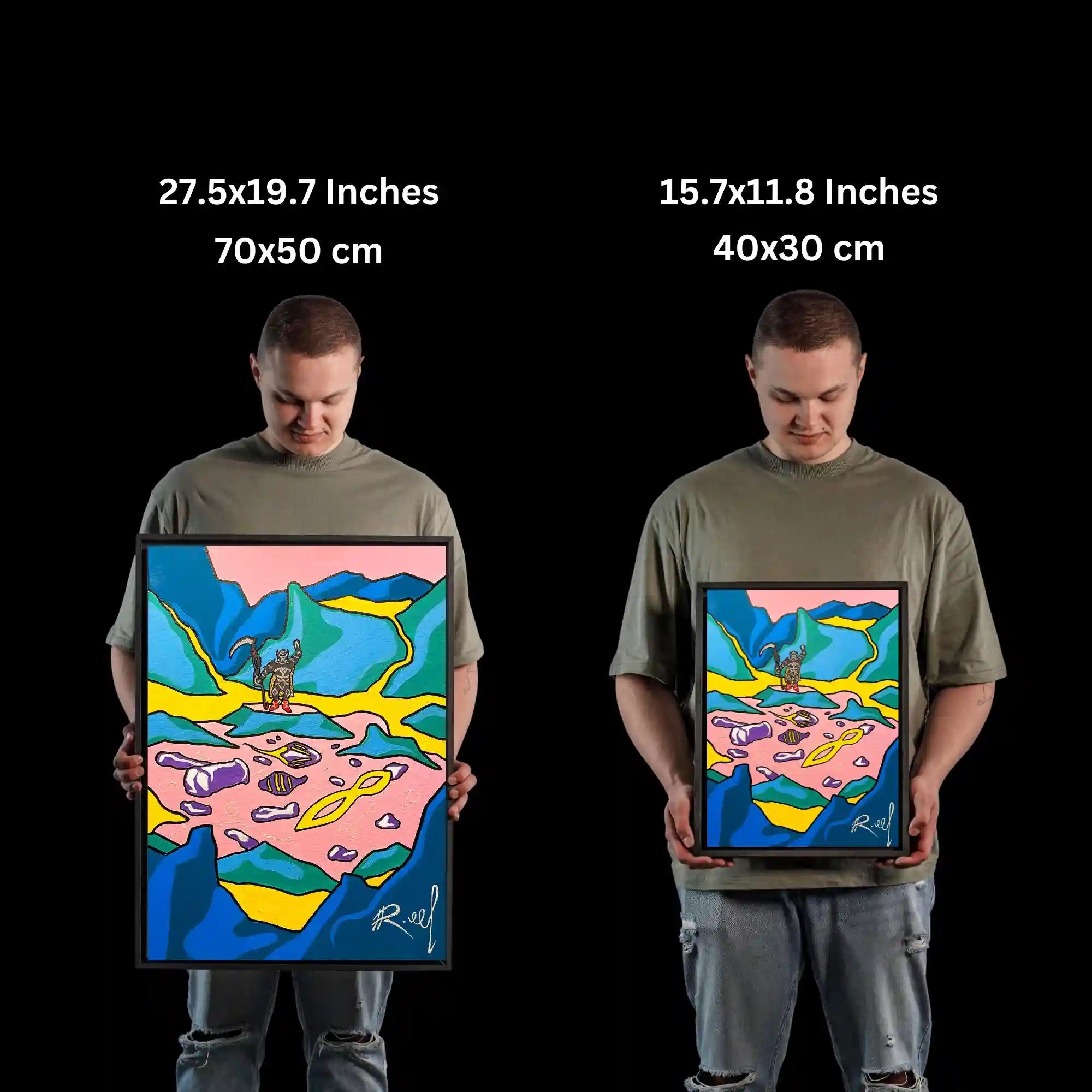 Get a sense of scale with our size guide as an artist holds up this 