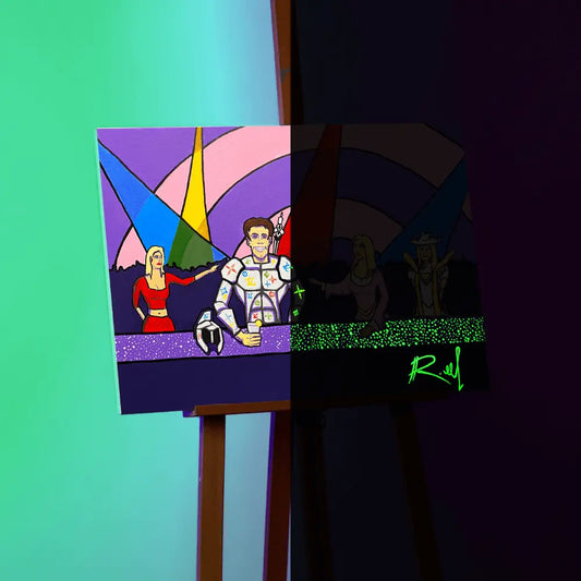 A split 50/50 day/night depiction of the Gucci Club scene from RuneScape, painted on canvas with glow-in-the-dark accents, highlighting the contrasting vibrant and dark elements.