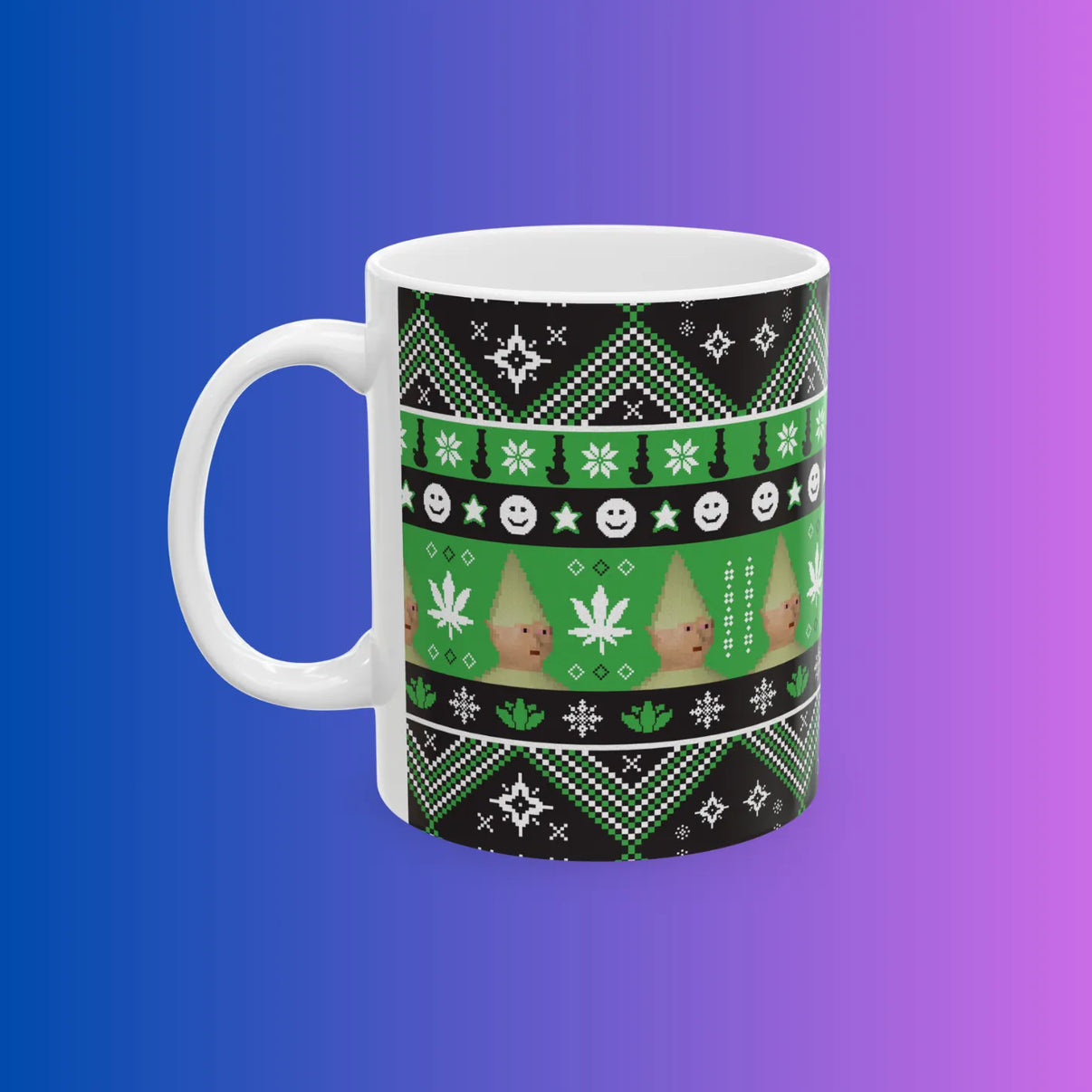 Coffee mug with gnome child 420 OSRS design shown from front, Old School RuneScape merch drinkware and a fun gift for gamers