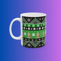 Coffee mug with gnome child 420 OSRS design shown from front, Old School RuneScape merch drinkware and a fun gift for gamers