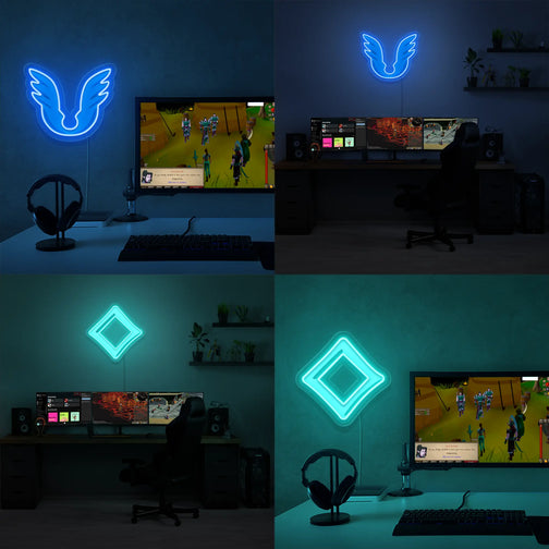 Illuminate your space with the divine power of Seren and Armadyl through the Runescape God Symbol LED neon sign. This collage features the iconic symbols of these gods, adding a touch of grace and justice to your environment. A unique and mystical gift for Runescape enthusiasts.