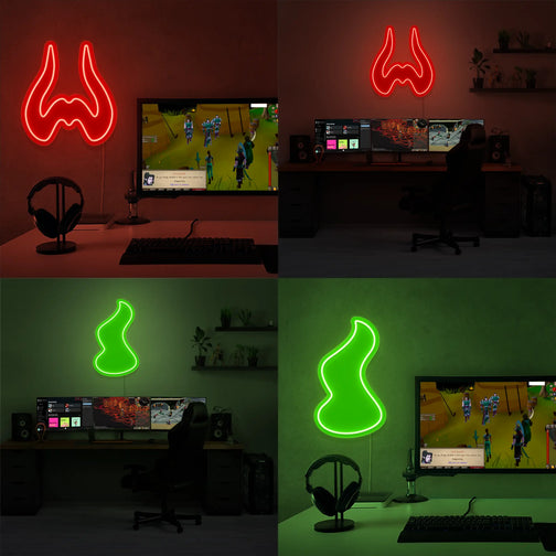 Immerse yourself in the conflict between chaos and balance with the Runescape God Symbol LED neon sign, featuring a collage of Zamorak and Guthix symbols. This collage evokes the essence of discord and harmony, making it a captivating addition to your gaming space. A unique gift for Runescape enthusiasts.