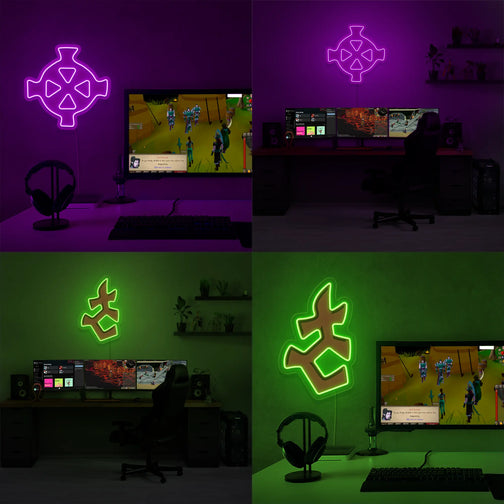 Explore the ancient powers of Zaros and Bandos with the Runescape God Symbol LED neon sign, showcasing a collage of their symbols. This collage embodies the essence of darkness and war, adding a sense of intrigue and power to your environment. A unique and mystical gift for Runescape fans.