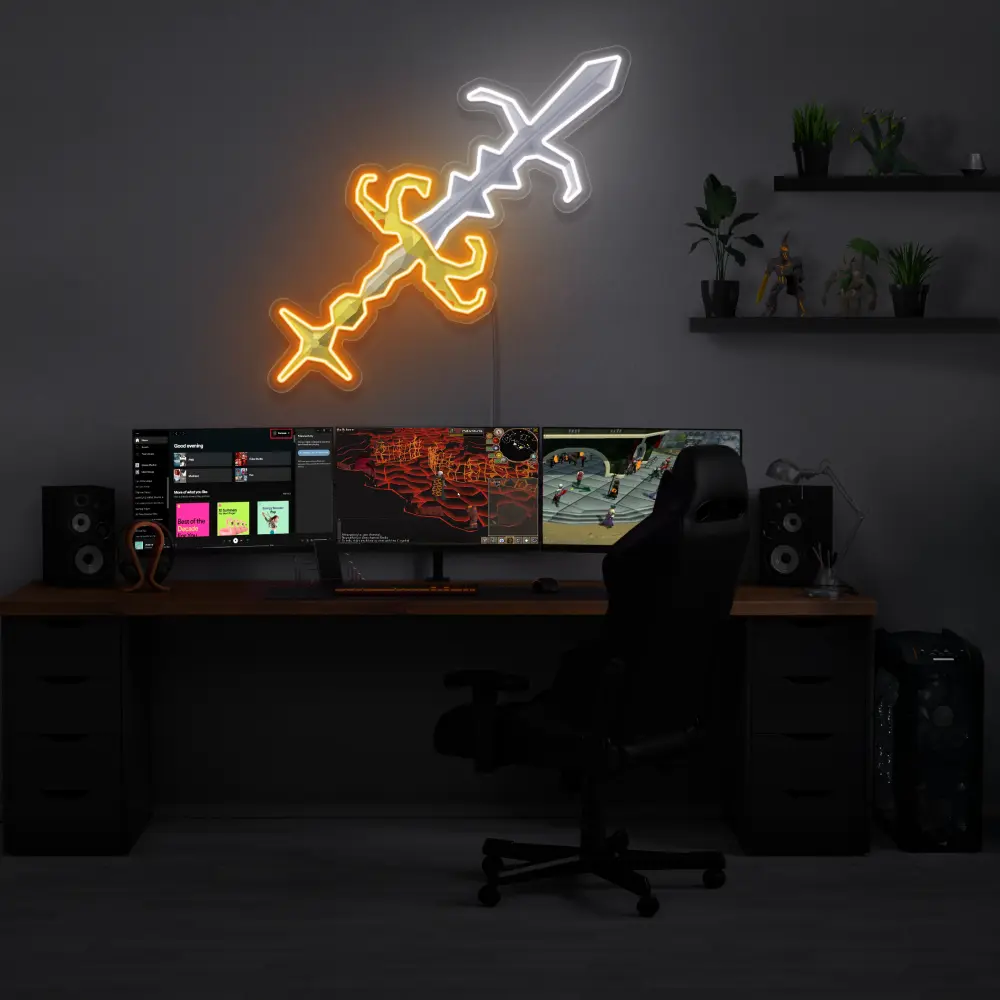Illuminate your gaming setup with the Runescape Godsword LED neon sign mounted above a gaming PC. The iconic design of the Godswords adds a touch of epic adventure to your gaming environment, reminiscent of the legendary battles in RuneScape. A unique gift for Runescape enthusiasts.