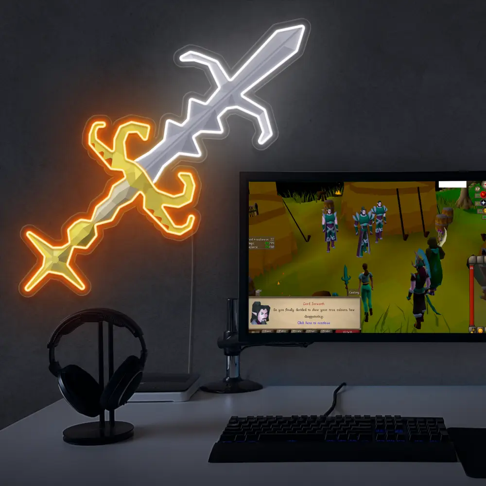 Position the Runescape Godsword LED neon sign next to your gaming PC for a dose of legendary charm. The iconic design of the Godswords evokes memories of epic quests and battles in RuneScape, making this LED neon sign an ideal addition to your gaming setup. A nostalgic and powerful gift for Runescape fans.