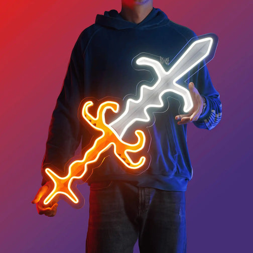 A person proudly displays the Runescape Godsword LED neon sign, featuring the iconic design of the legendary weapons from the game. This LED neon sign exudes power and strength, making it an ideal addition to any gaming space. A nostalgic and powerful gift for Runescape enthusiasts.