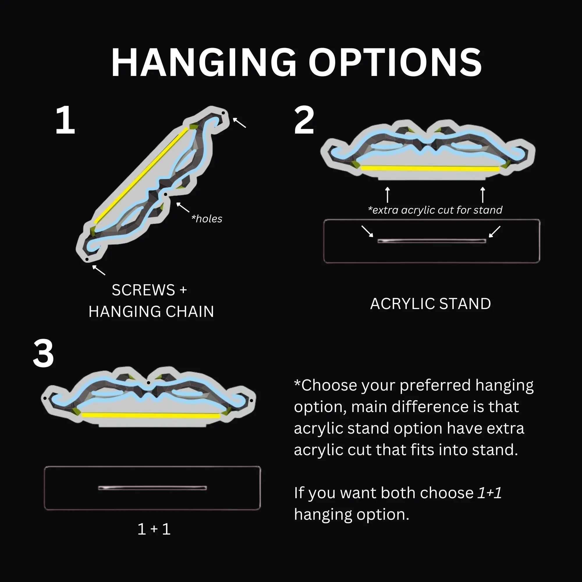 Hanging options for the Runescape Assembler Max Cape LED Neon sign, including screws & bolts, an acrylic stand, or both. This flexibility makes it a great Old School Runescape (OSRS) gift for various room setups.