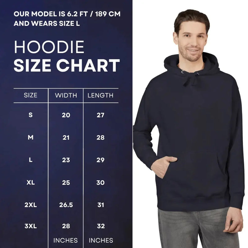 Size chart for Saradomin embroidered hoodie, OSRS Old School RuneScape merch hoodie with fit guide for a perfect gift