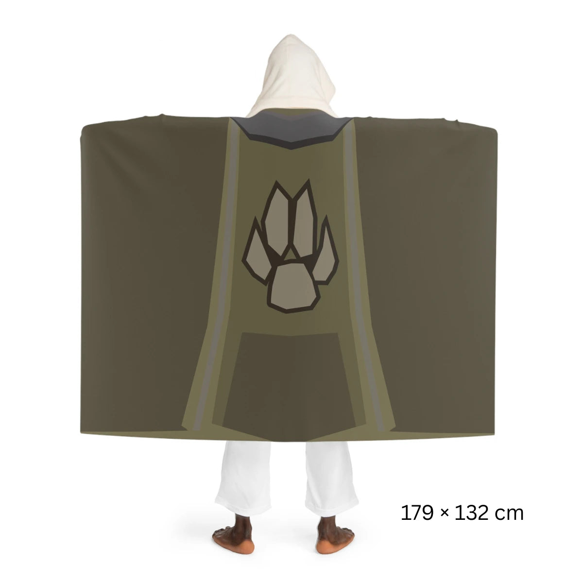 Back view of a Hunter skillcape hooded sherpa fleece blanket, inspired by Old School RuneScape, a soft OSRS merch blanket and a unique gift for gamers