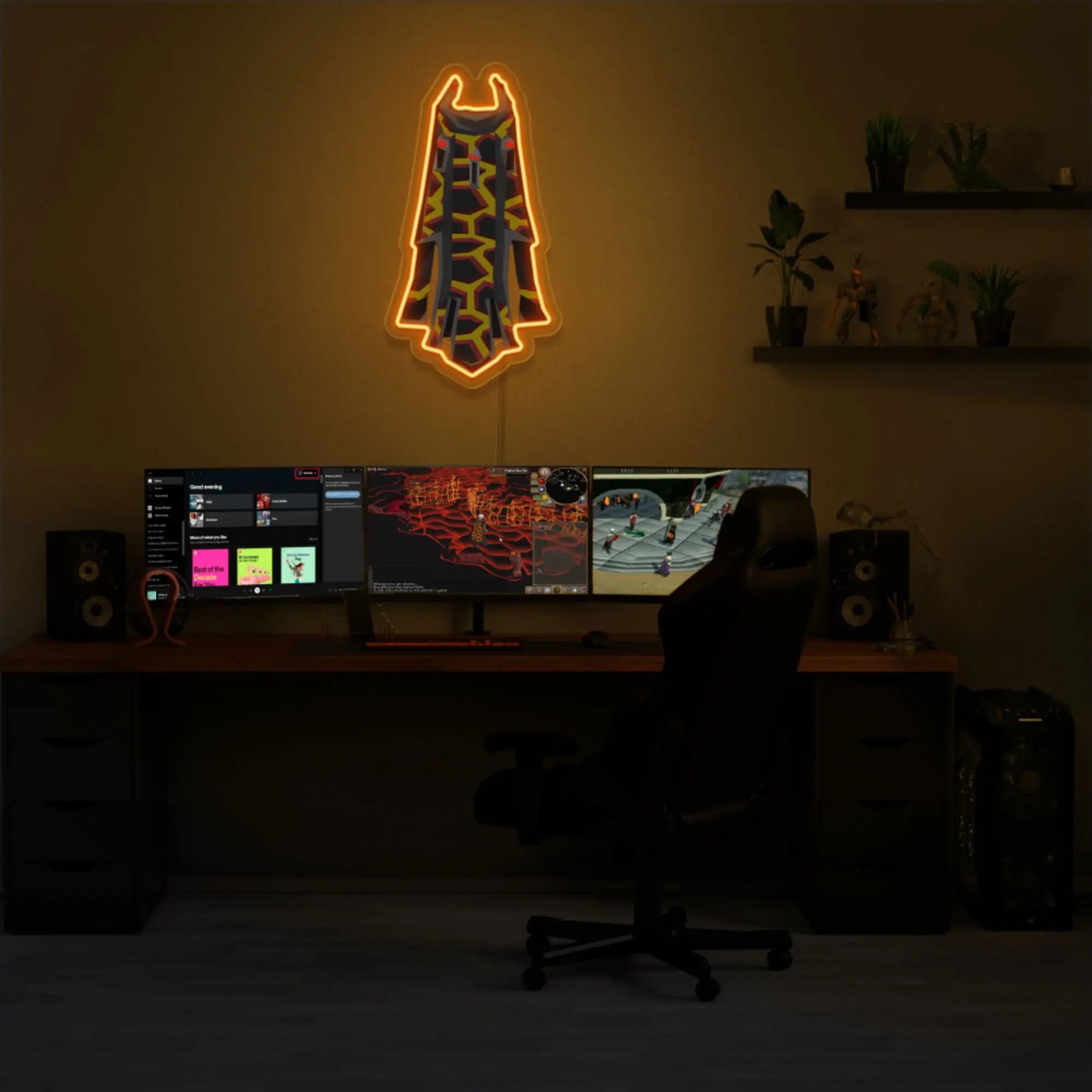 Illuminate your gaming setup with the Runescape Infernal Max Cape LED neon sign mounted above a gaming PC. The iconic Infernal Max Cape symbolizes mastery and dedication in Old School RuneScape. A perfect gift for RS enthusiasts.