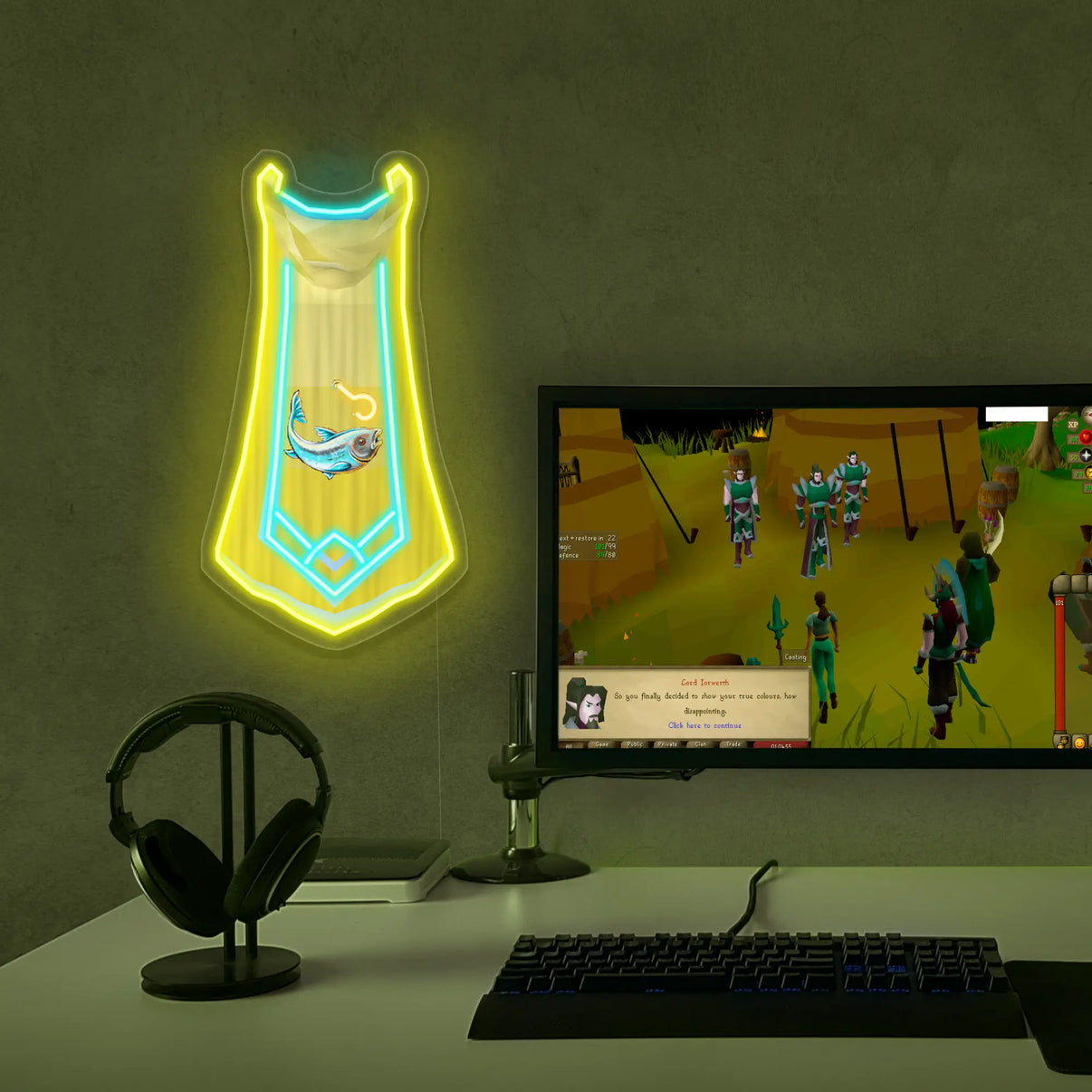 Runescape inverted fishing master cape neon sign shaped on a wall above a computer setup with a game displayed.