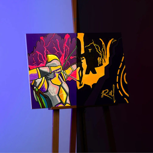 Experience the dynamic glow of Last Shot with this glow-in-the-dark canvas print, showcasing a captivating 50/50 day and night effect. Photo taken while painting is on easel. Ideal gift for gaming enthusiasts.