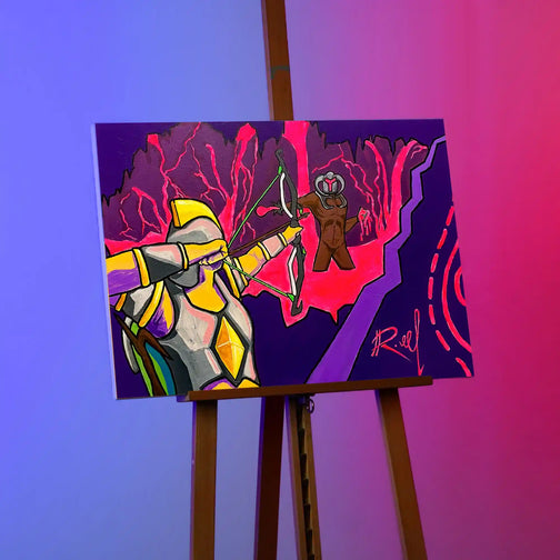 Immerse yourself in the vibrant day effect of Last Shot with this original 50x70 cm glow-in-the-dark canvas painting on easel. Perfect gift for Runescape fans.