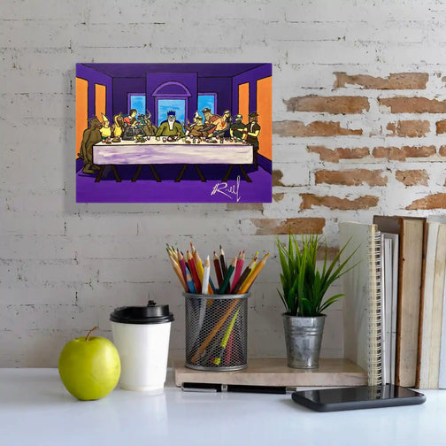 Elevate your desk area with this 30x20 cm glow-in-the-dark canvas print of Last Supper, featuring a stunning day effect. Ideal gift for gaming enthusiasts.