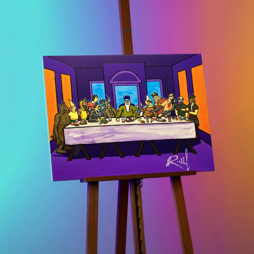 Immerse yourself in the vibrant day effect of Last Supper with this original 50x70 cm glow-in-the-dark canvas painting on easel. Perfect gift for Runescape fans.