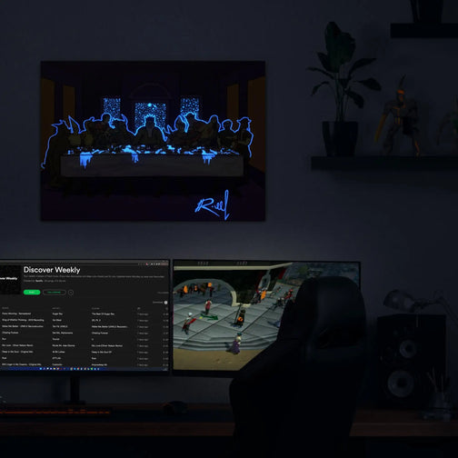 Enhance your gaming ambiance with this 50x70 cm glow-in-the-dark canvas print of Last Supper, showcasing a mesmerizing night effect. Perfect gift for gaming enthusiasts.