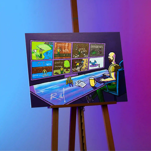 Immerse yourself in the vibrant day effect of Life of Bot with this original 50x70 cm glow-in-the-dark canvas painting on easel. Perfect gift for Runescape fans.