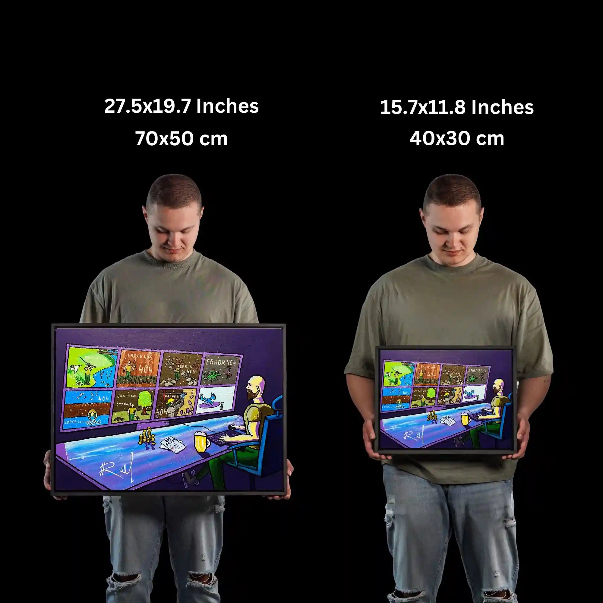 Get a sense of scale as the artist holds up this glow-in-the-dark canvas print of Life of Bot, compared to his life size. Perfect gift for gamers.