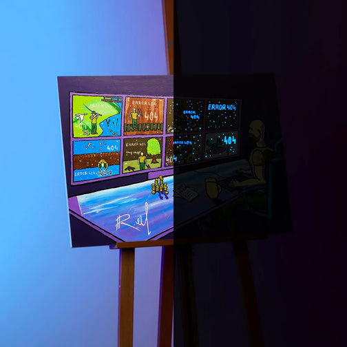 Experience the dynamic glow of Life of Bot with this glow-in-the-dark canvas print, showcasing a captivating 50/50 day and night effect. Photo taken while painting is on easel. Ideal gift for gaming enthusiasts.