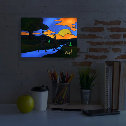 Transform your gaming space with the Runescape Lure Hunt Fan Art Glow in the Dark Painting Custom Painting, casting an enchanting night effect above a desk. Perfect for Runescape enthusiasts seeking immersive decor, this luminous masterpiece adds a touch of magic to your gaming area.