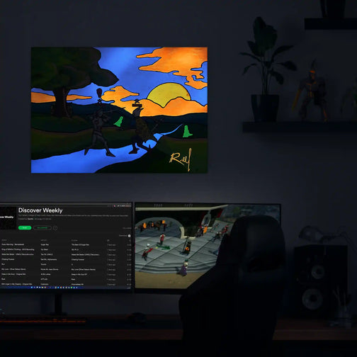 A mesmerizing Runescape-themed painting, suspended above a gaming setup. The glow-in-the-dark canvas art illuminates the room, creating an enchanting atmosphere. A perfect fusion of gaming, art, and the thrill of a print on canvas. Looters Dream.