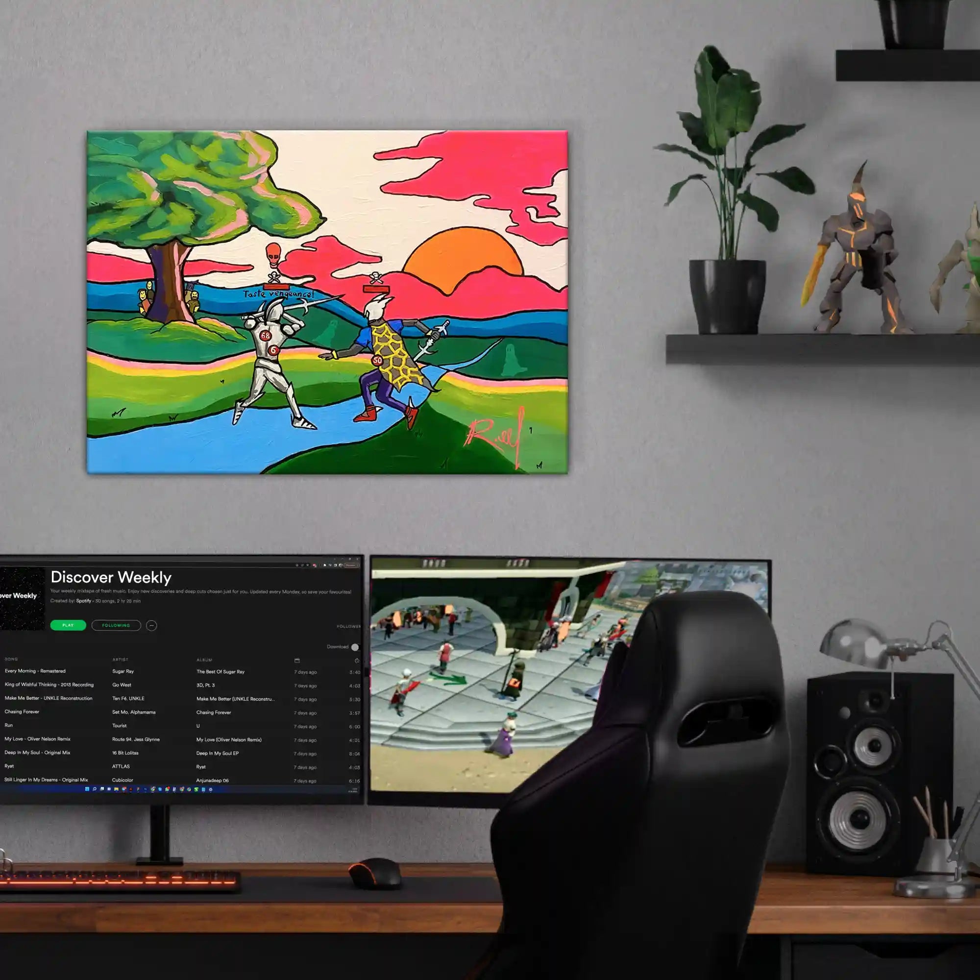 Enhance your gaming setup with the Runescape Lure Hunt Fan Art Glow in the Dark Painting Custom Painting proudly displayed above a gaming desk. Perfect for Runescape enthusiasts seeking immersive decor, this luminous masterpiece adds a touch of nostalgia to your gaming space.