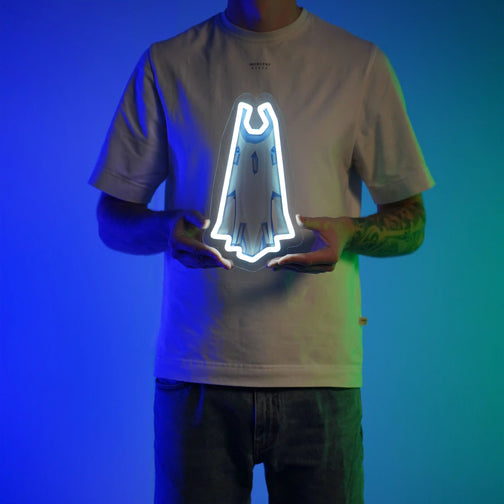 Man proudly holding a Runescape Mythical Max Cape LED Neon sign, showcasing its vibrant design. This makes an ideal gift for Old School Runescape (OSRS) fans who love gaming memorabilia.