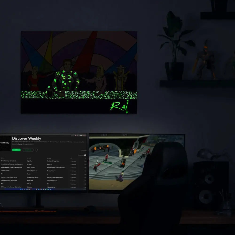 Night-time Gucci Club art displayed over a gaming PC, painted on canvas with glowing accents that bring out the darker themes and characters of RuneScape in the dark.